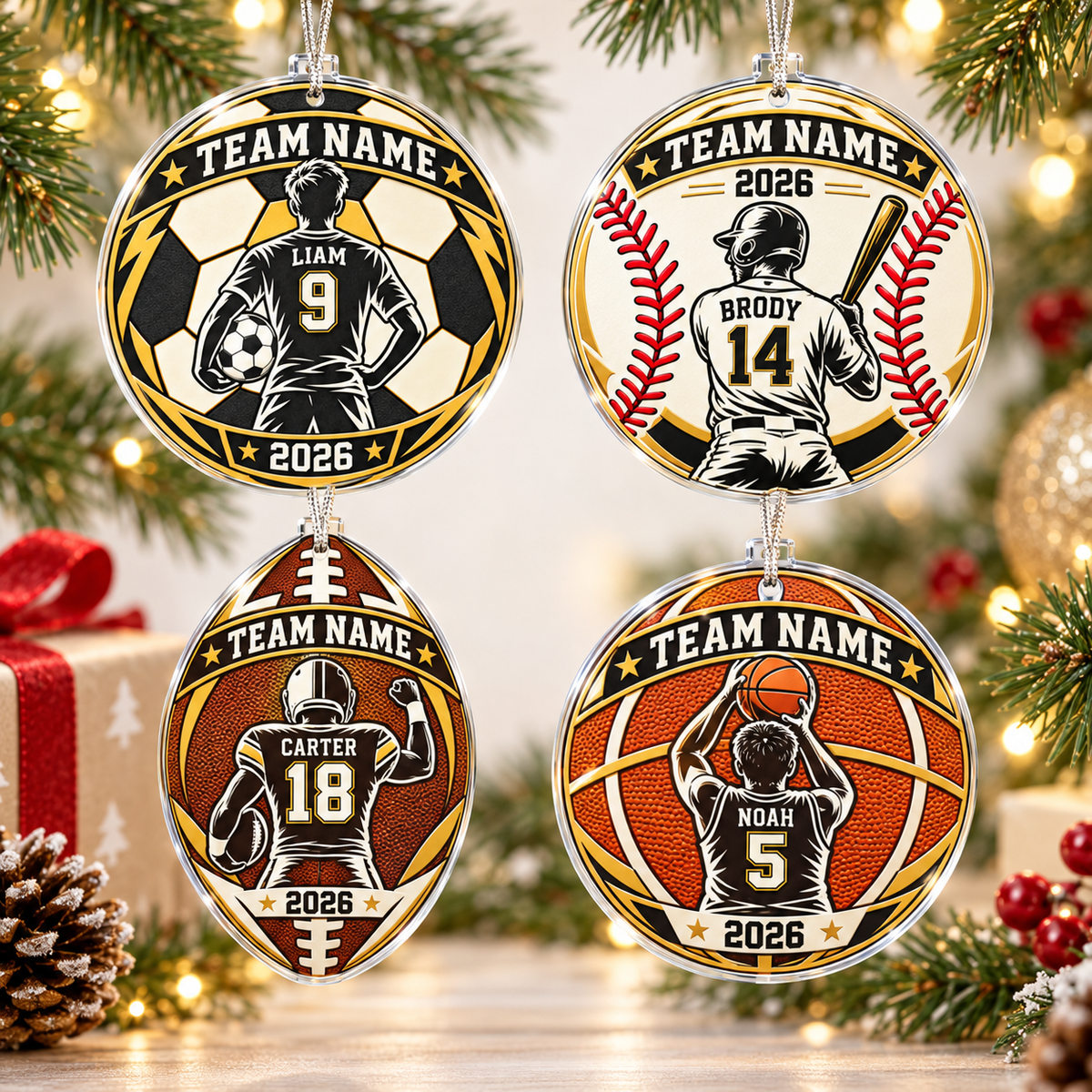 Personalized Sports Christmas Ornament – Custom Team Name, Player Name & Number | 8 Sports