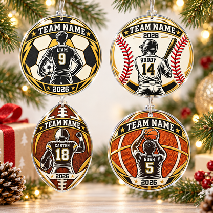 Personalized Sports Christmas Ornament – Custom Team Name, Player Name & Number | 8 Sports