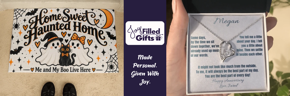Joy Filled Gifts: personalized Halloween doormat and heart necklace with a custom message card. Made personal. Given with joy.