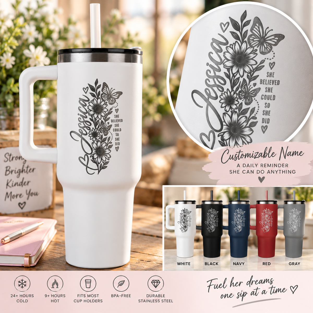 She Believed She Could – Personalized Inspirational Floral Tumbler