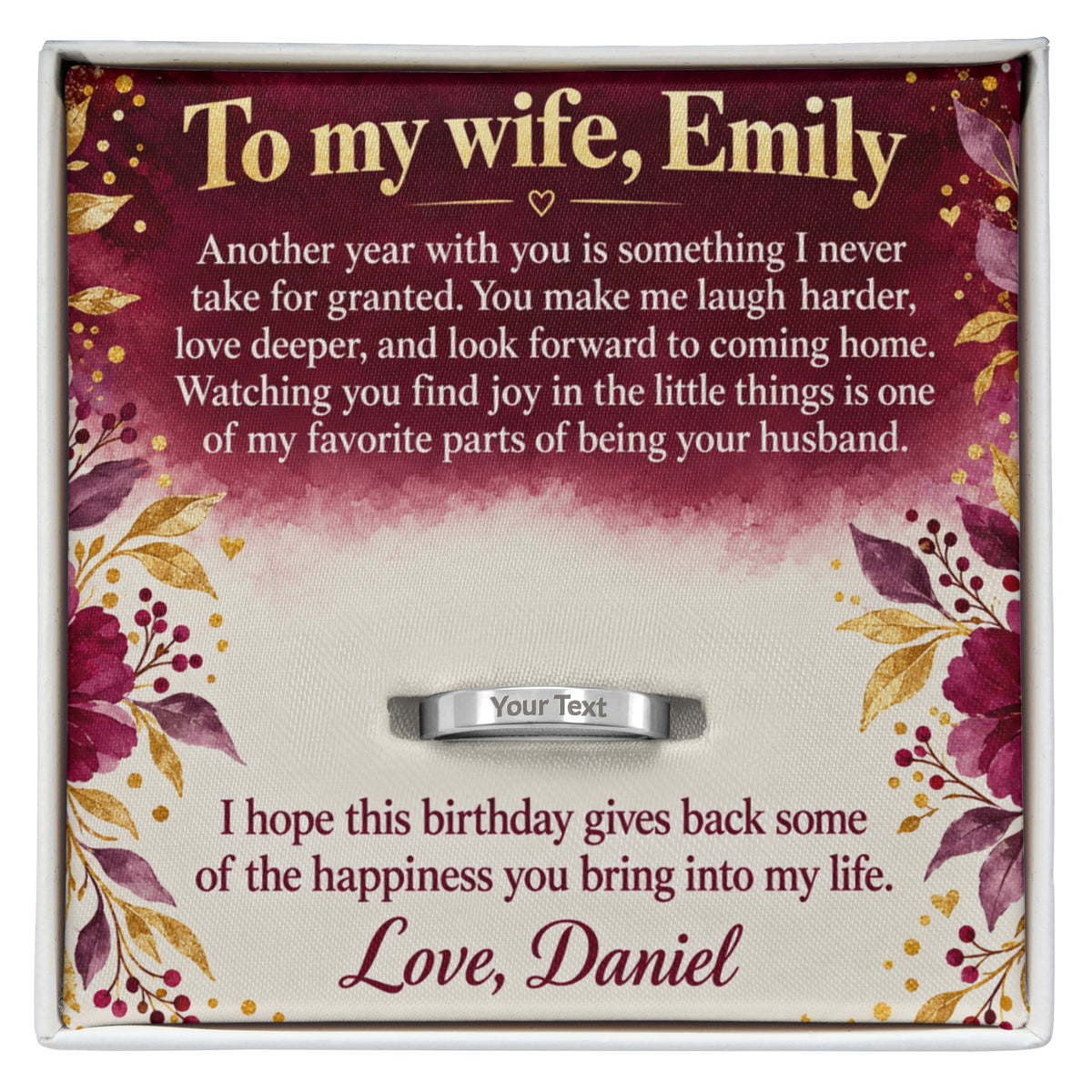 Personalized message card and engraved ring for To My Wife Birthday Engraved Ring