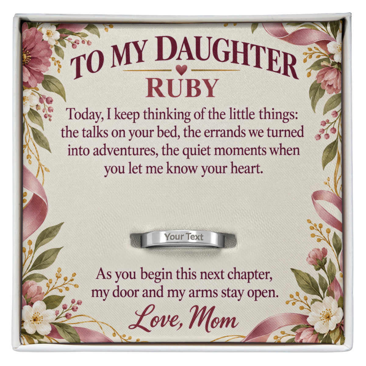 Personalized message card and engraved ring for Wherever This Next Chapter Takes You