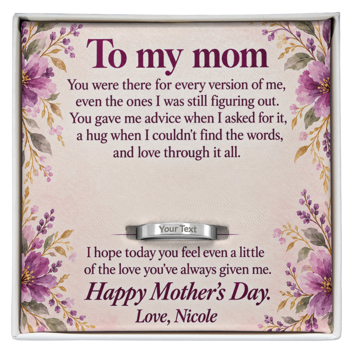 Personalized message card and engraved ring for To My Mom Mother's Day Engraved Ring