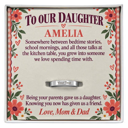 Personalized message card and engraved ring for Our Little Girl to Someone We'd Choose as a Friend