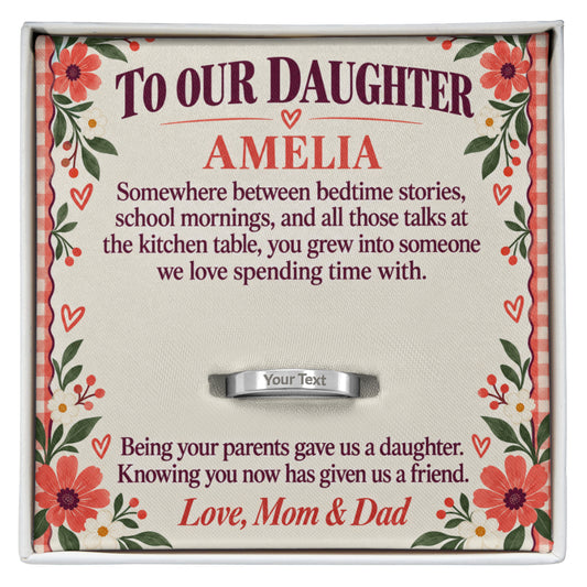 Personalized message card and engraved ring for Our Little Girl to Someone We'd Choose as a Friend