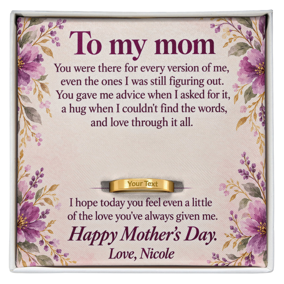 Personalized message card and engraved ring for To My Mom Mother's Day Engraved Ring