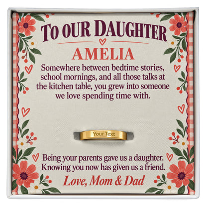 Personalized message card and engraved ring for Our Little Girl to Someone We'd Choose as a Friend