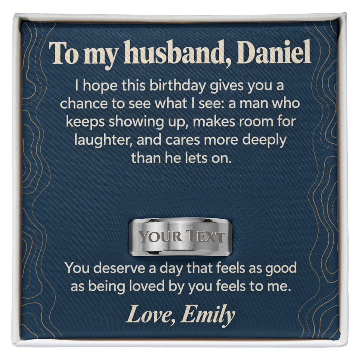 Personalized message card and engraved ring for To My Husband Birthday Engraved Ring