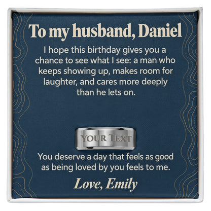 Personalized message card and engraved ring for To My Husband Birthday Engraved Ring