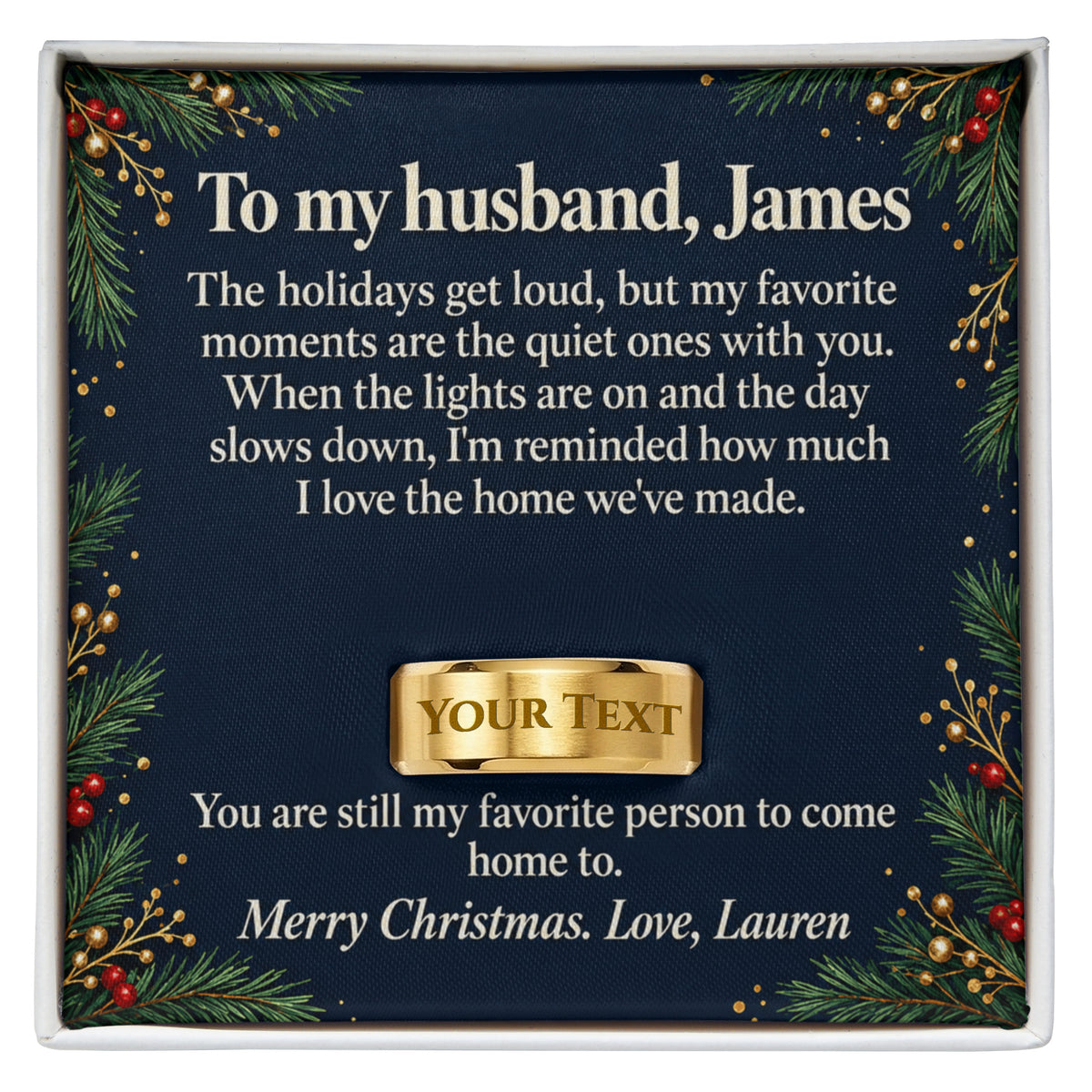 Personalized message card and engraved ring for To My Husband Christmas Engraved Ring