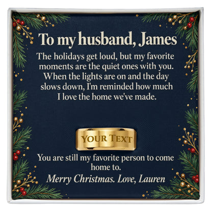 Personalized message card and engraved ring for To My Husband Christmas Engraved Ring