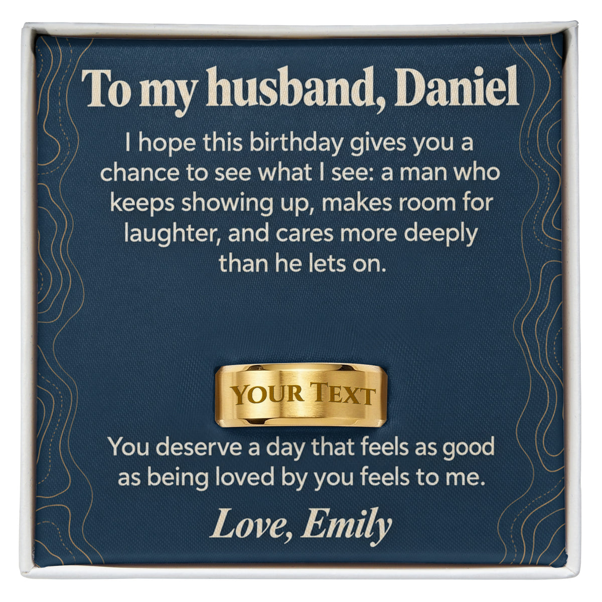 Personalized message card and engraved ring for To My Husband Birthday Engraved Ring