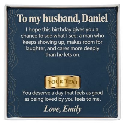 Personalized message card and engraved ring for To My Husband Birthday Engraved Ring