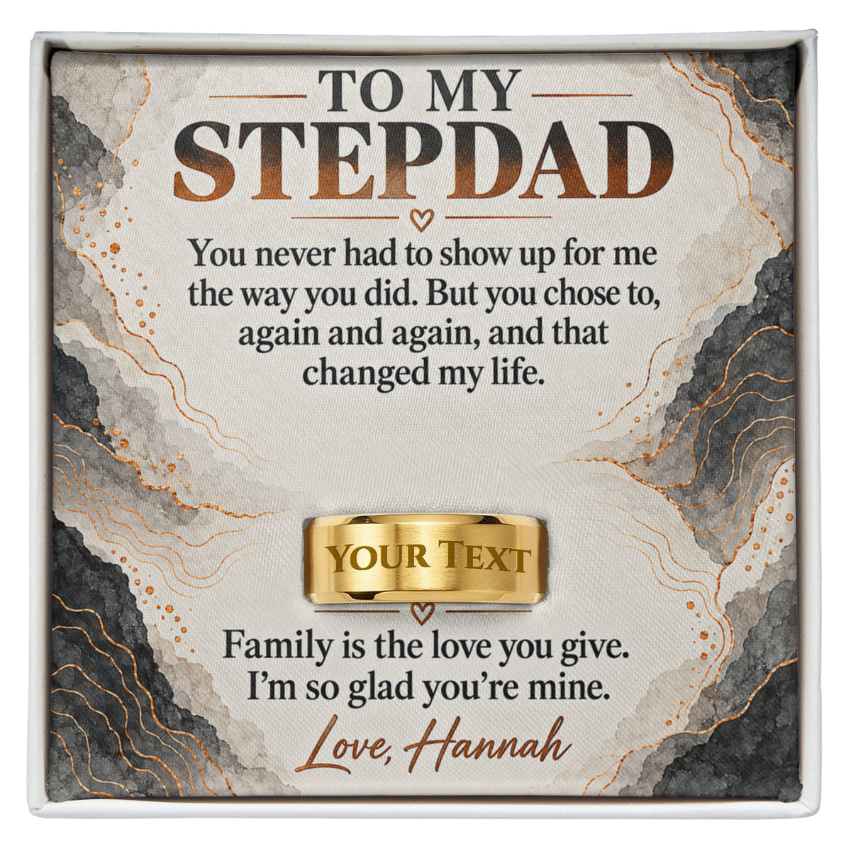 Personalized message card and engraved ring for To My Stepdad Engraved Men's Ring