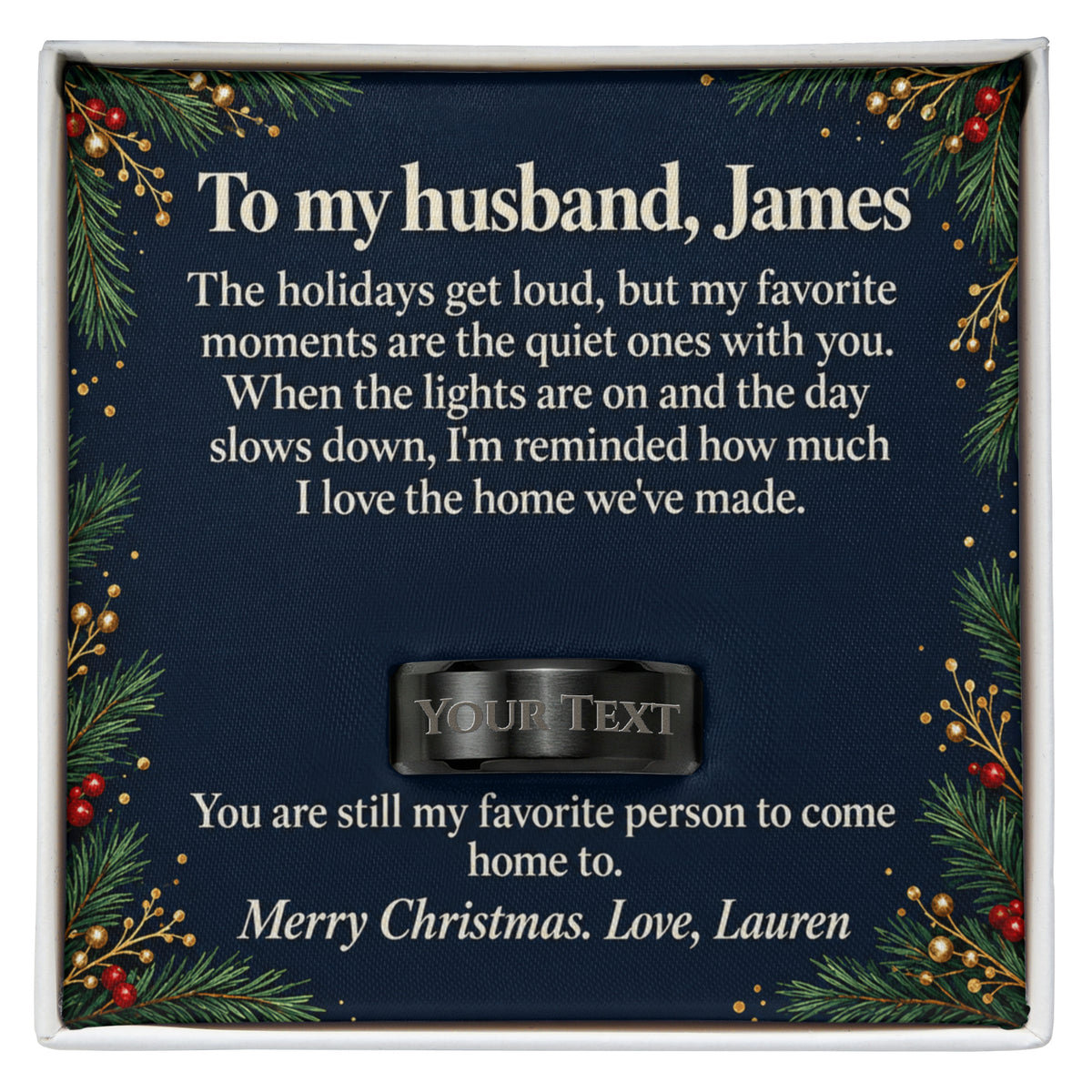 Personalized message card and engraved ring for To My Husband Christmas Engraved Ring