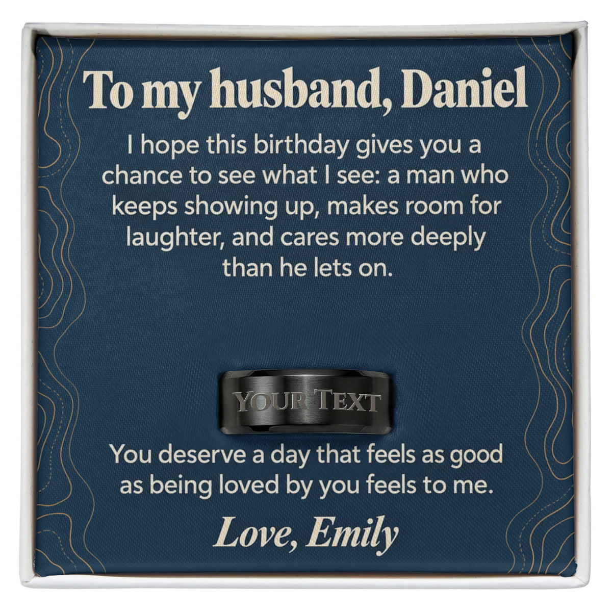 Personalized message card and engraved ring for To My Husband Birthday Engraved Ring