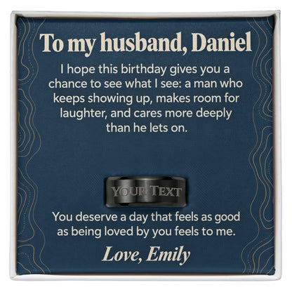 Personalized message card and engraved ring for To My Husband Birthday Engraved Ring