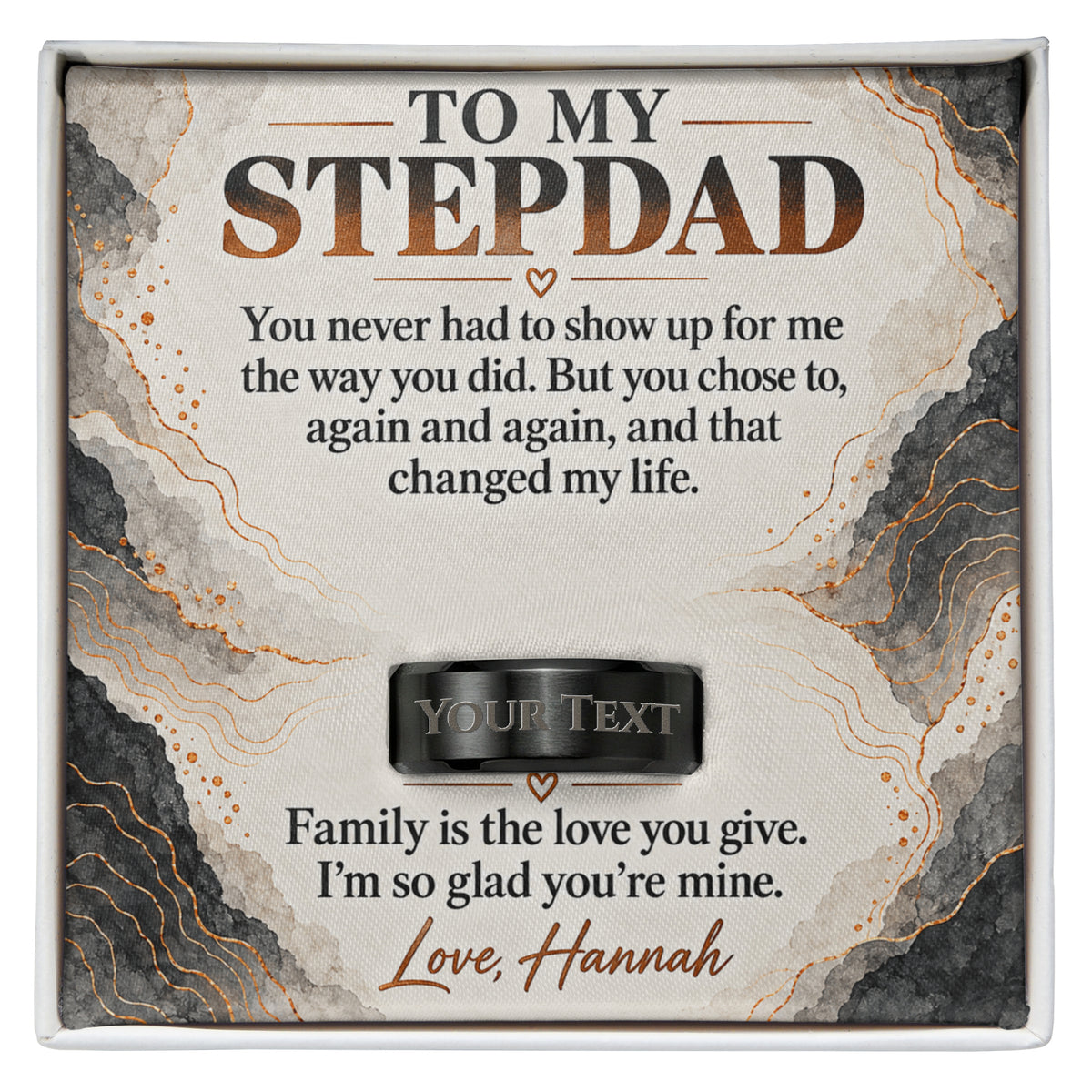 Personalized message card and engraved ring for To My Stepdad Engraved Men's Ring