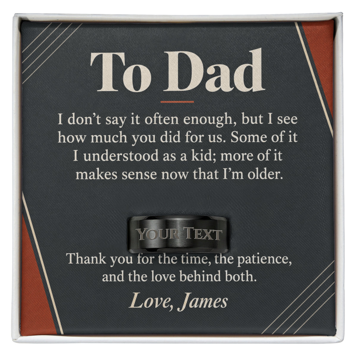 Personalized message card and engraved ring for To Dad Engraved Men's Ring