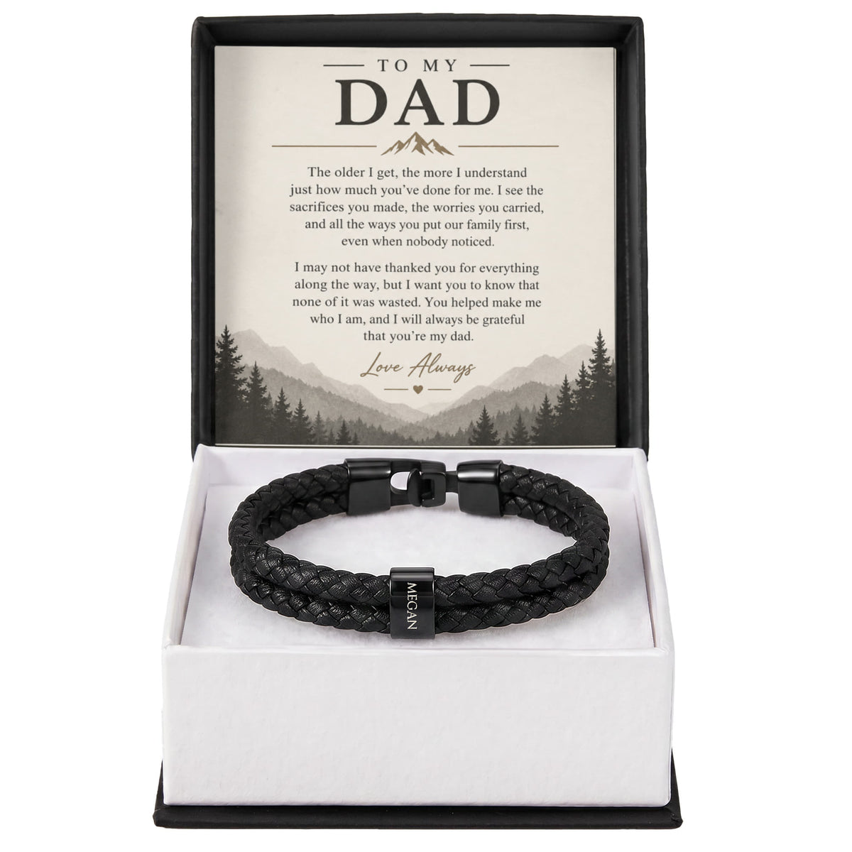 To My Dad – Personalized Engraved Name Bracelet with Heartfelt Message Card