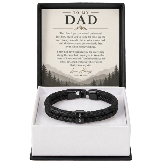 To My Dad – Personalized Engraved Name Bracelet with Heartfelt Message Card