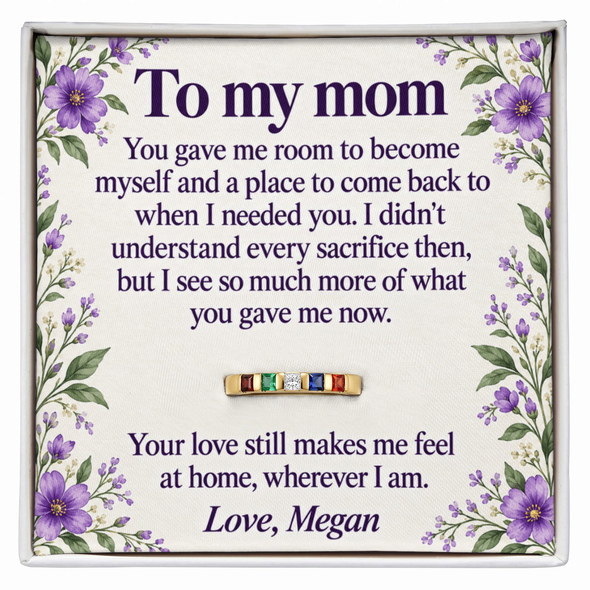 To My Mom Personalized Birthstone Ring – Floral Message Card Gift