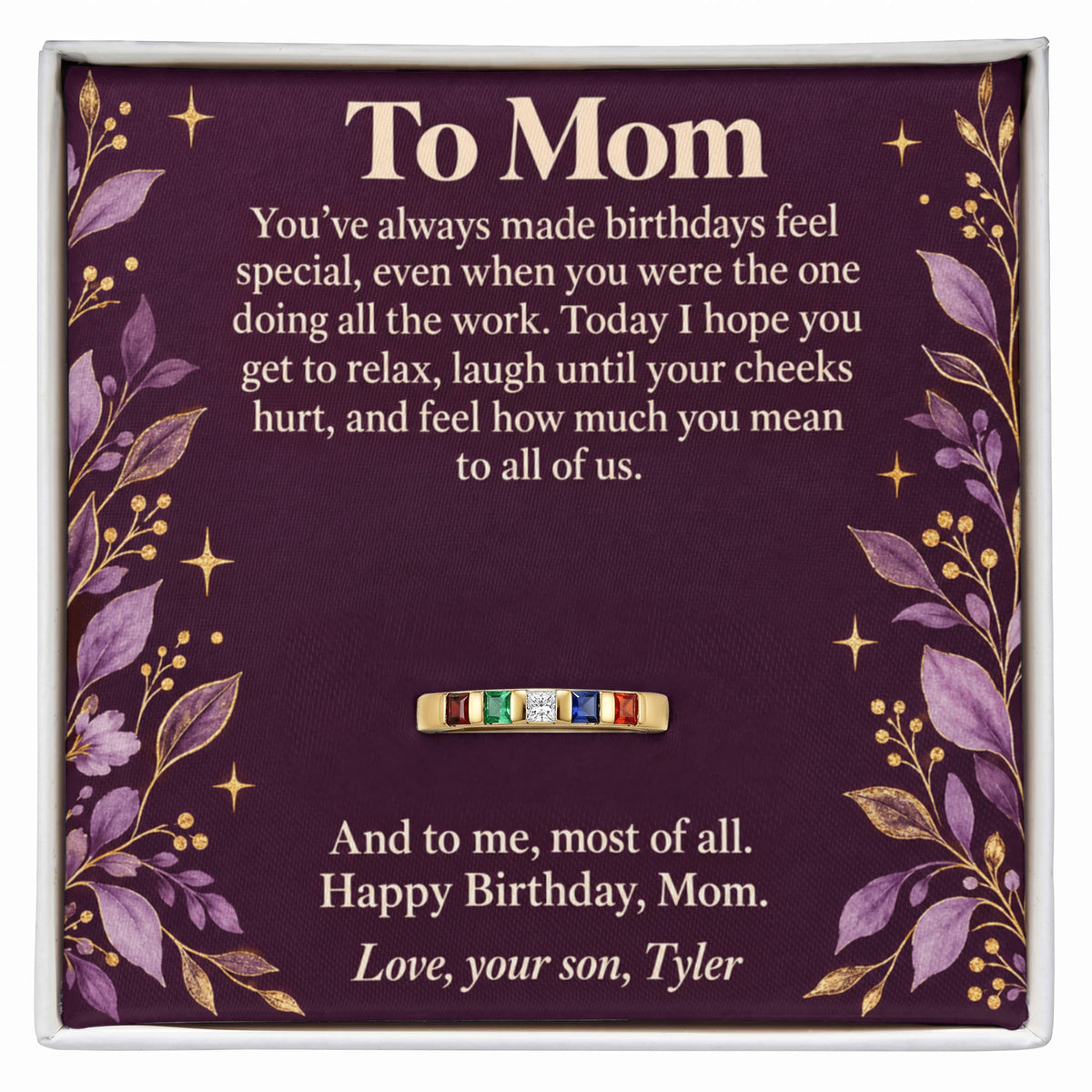 Birthday Birthstone Ring for Mom – Personalized Message Card Gift
