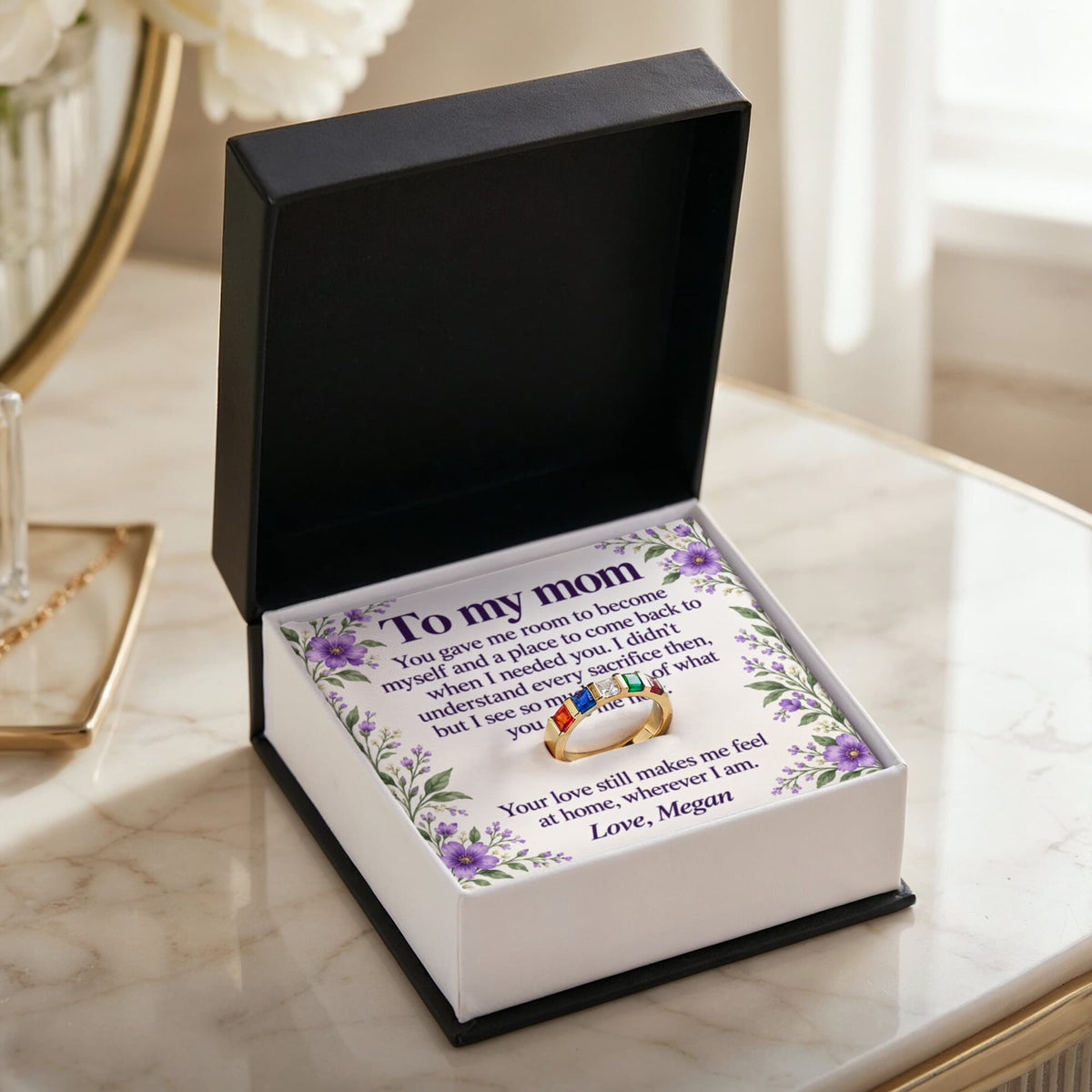 To My Mom Personalized Birthstone Ring – Floral Message Card Gift