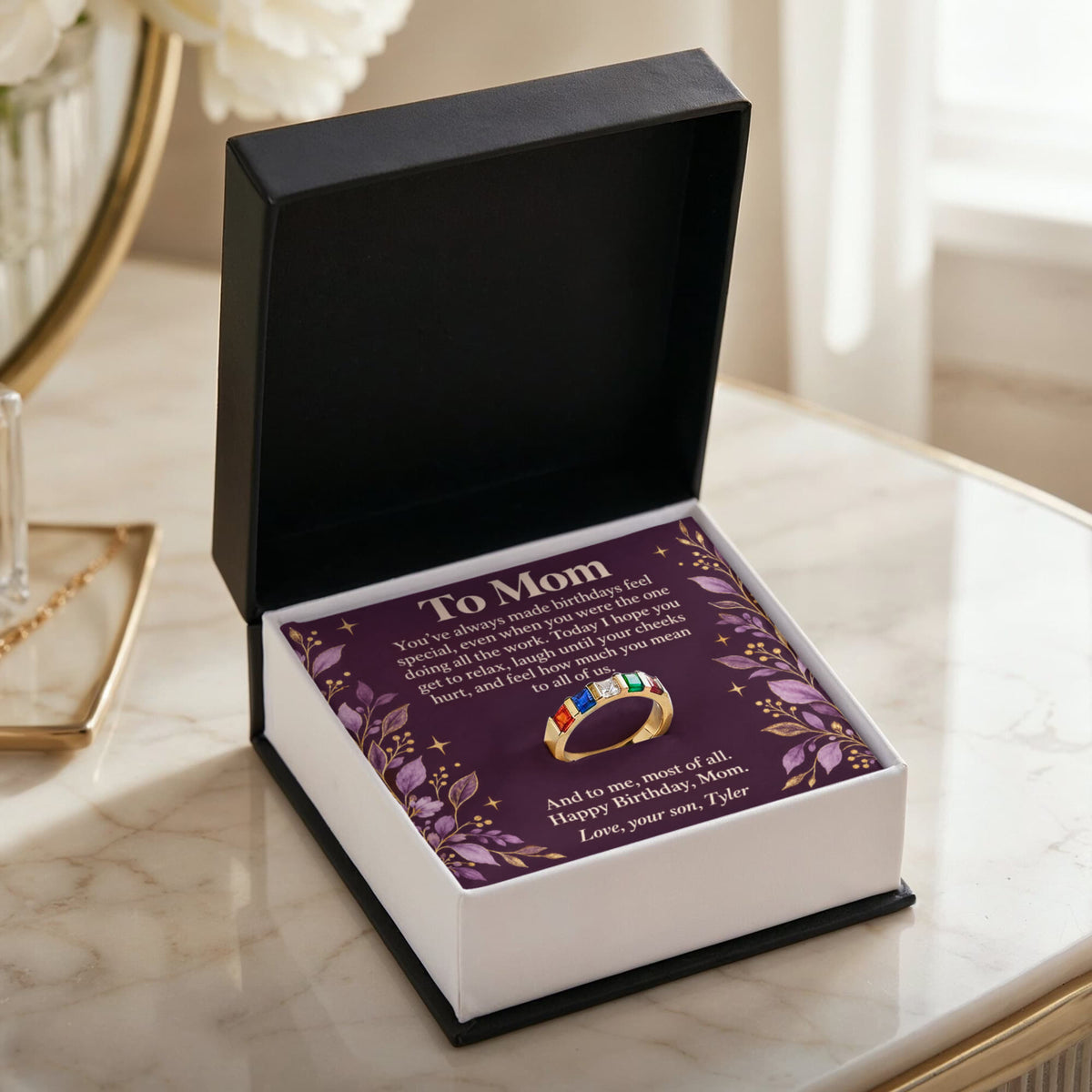 Birthday Birthstone Ring for Mom – Personalized Message Card Gift