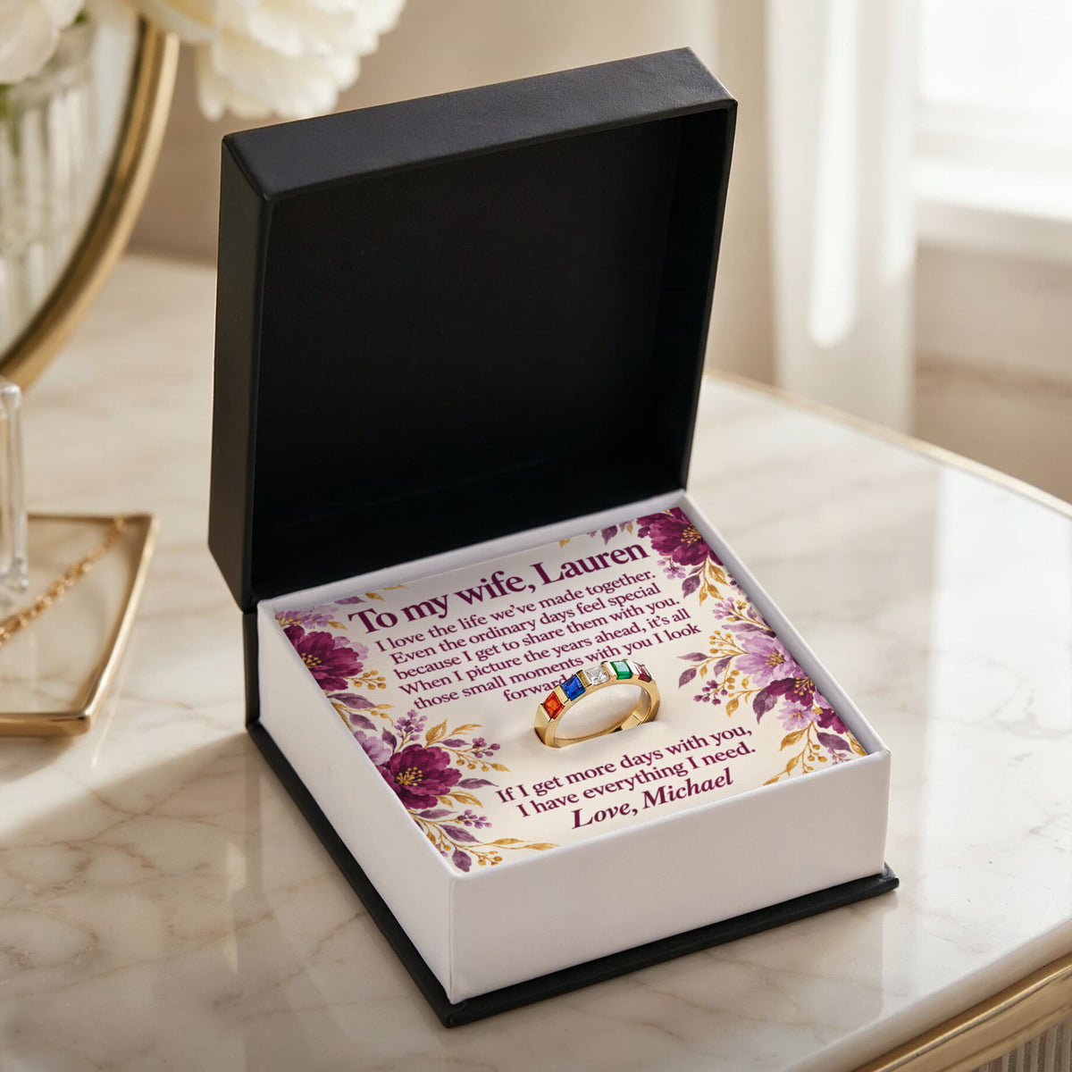 To My Wife Personalized Birthstone Ring – Custom Name Message Card