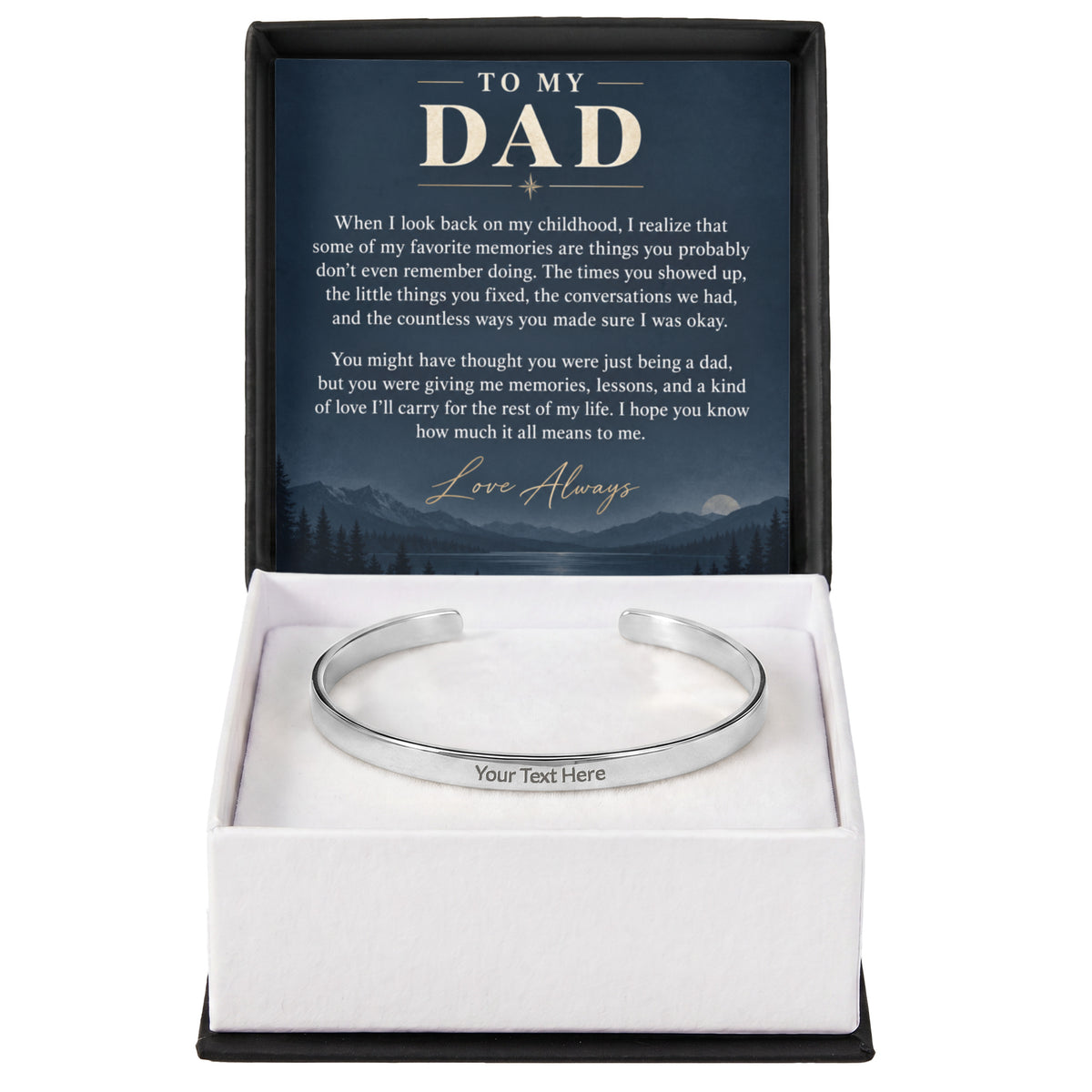 To My Dad – Personalized Engraved Cuff Bracelet with Heartfelt Message Card