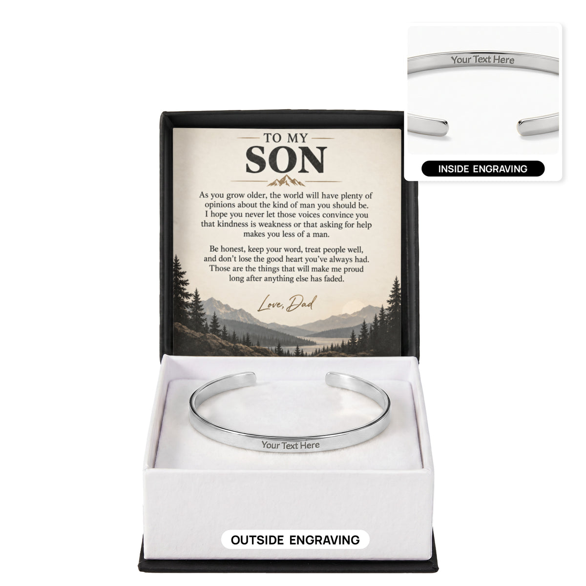 Personalized cuff bracelet with custom engraving and gift box