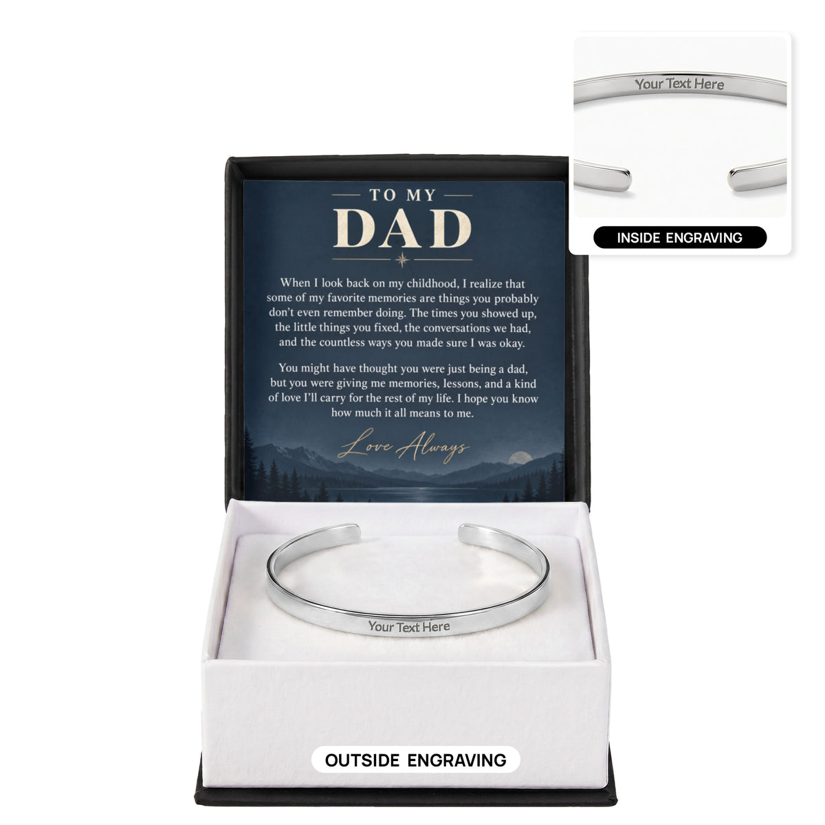 Personalized cuff bracelet with custom engraving and gift box