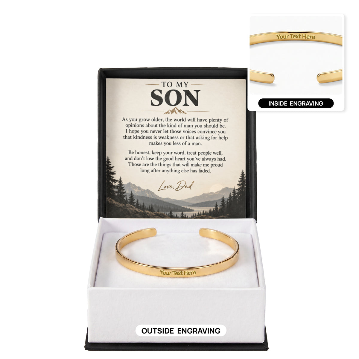 Personalized cuff bracelet with custom engraving and gift box