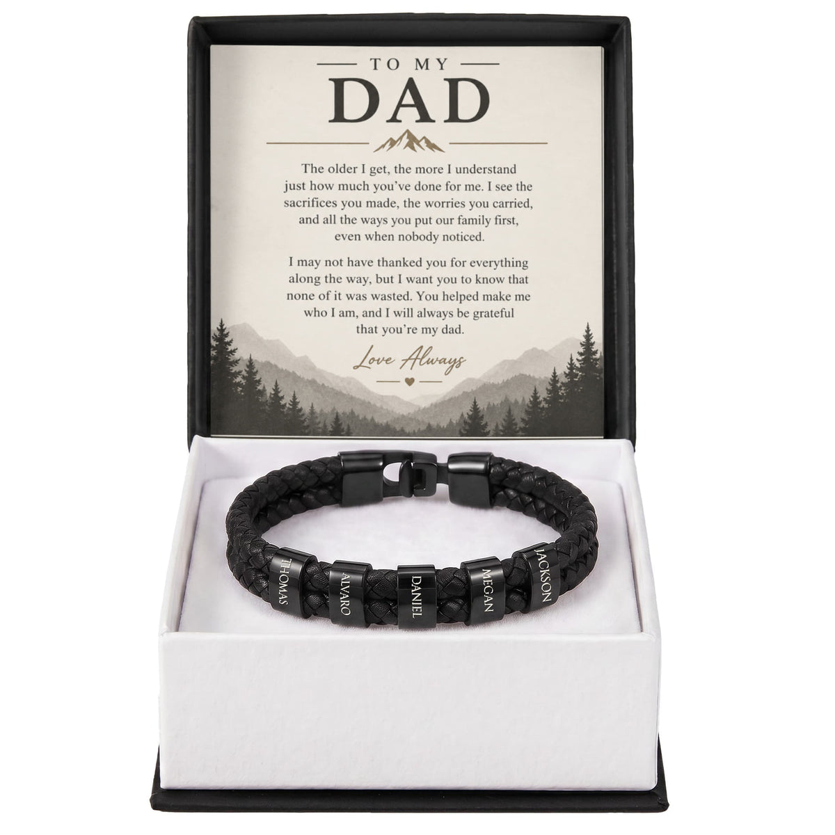 To My Dad – Personalized Engraved Name Bracelet with Heartfelt Message Card