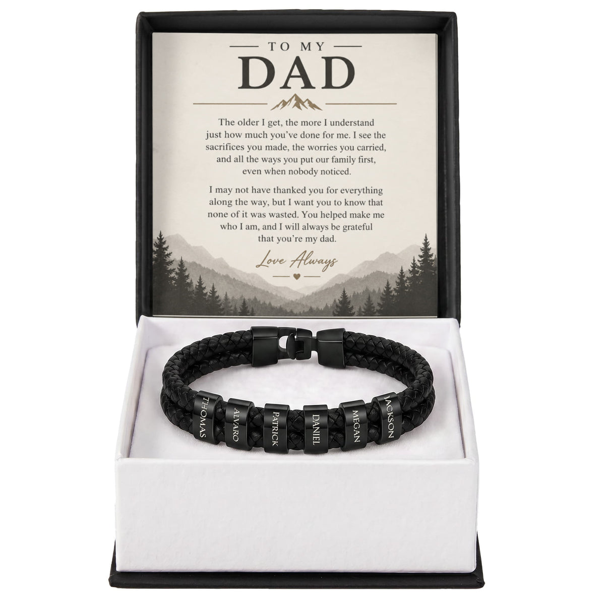 To My Dad – Personalized Engraved Name Bracelet with Heartfelt Message Card