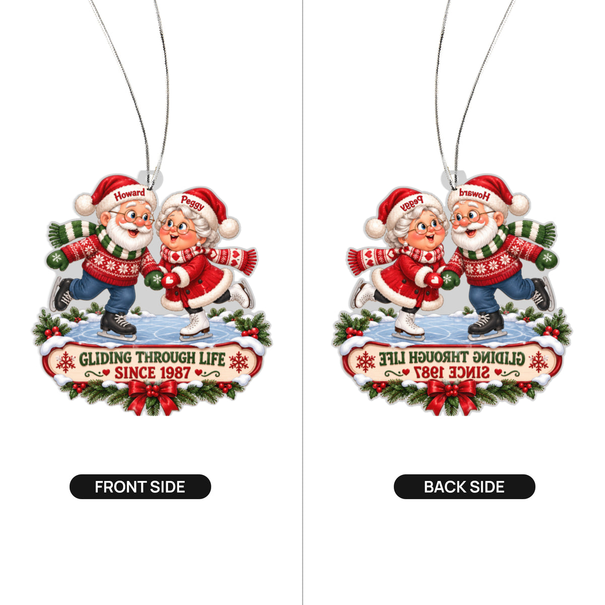 Front and back of the personalized gliding through life christmas ornament – ice skating couple keepsake