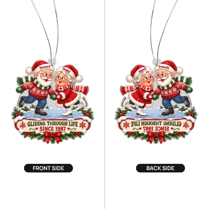 Front and back of the personalized gliding through life christmas ornament – ice skating couple keepsake