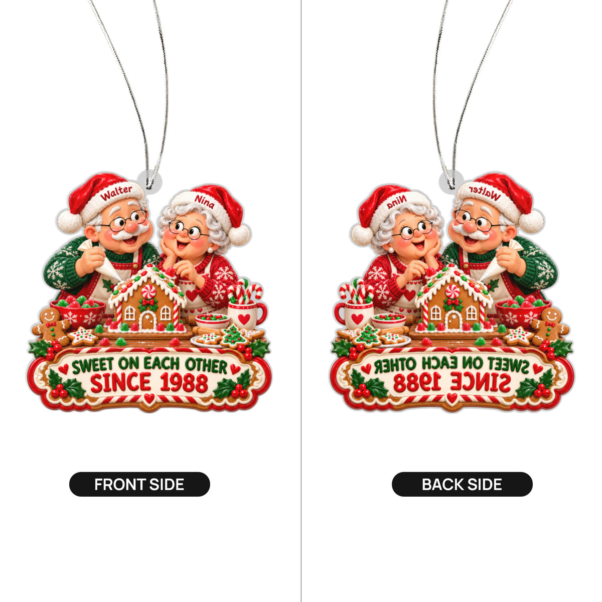 Front and back of the personalized sweet on each other christmas ornament – gingerbread couple keepsake