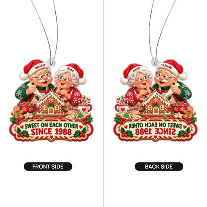 Front and back of the personalized sweet on each other christmas ornament – gingerbread couple keepsake