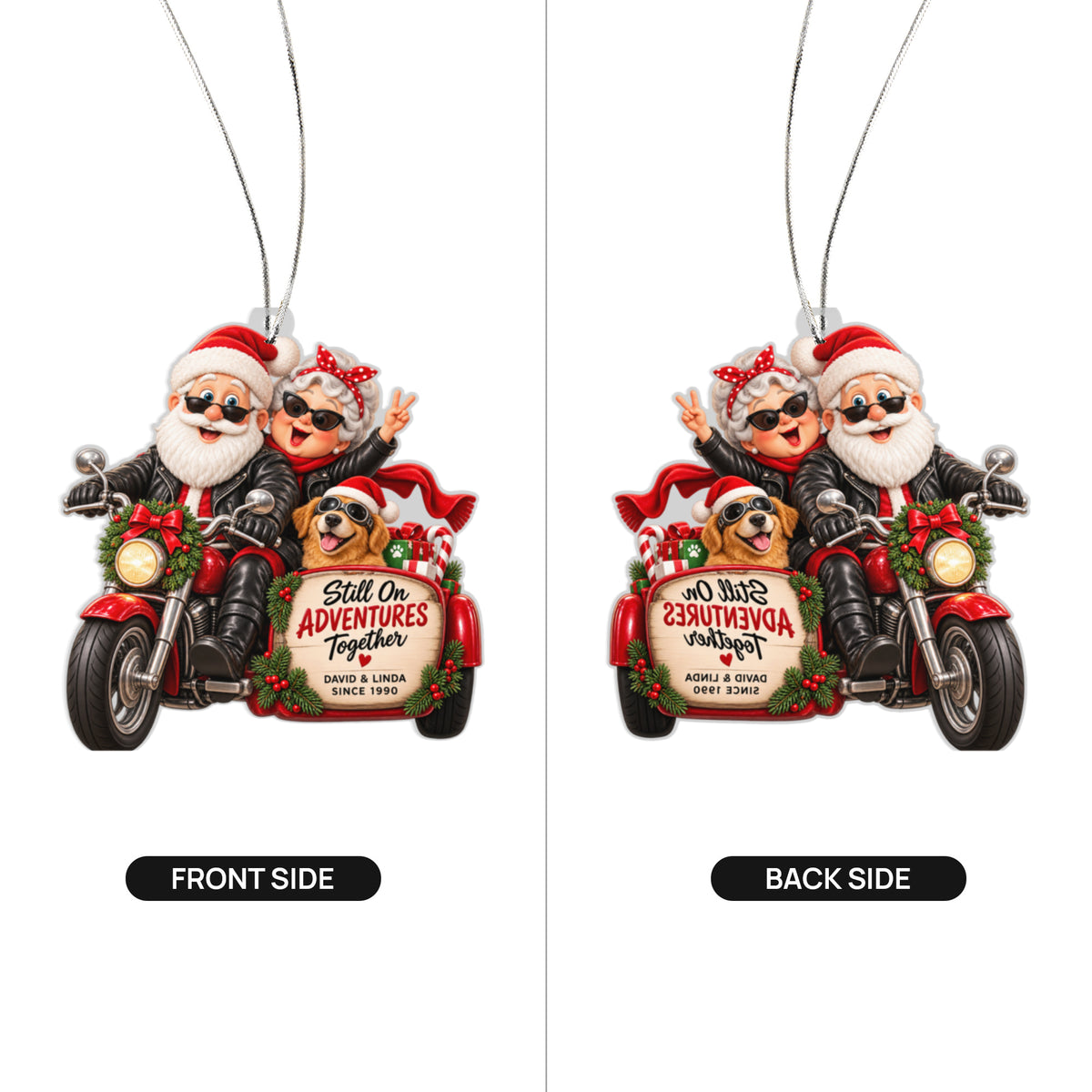 Front and back of the personalized still on adventures together christmas ornament – motorcycle couple & dog keepsake