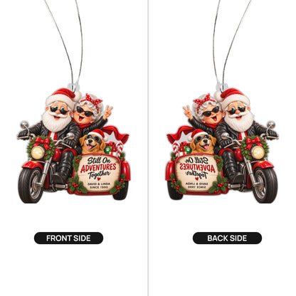 Front and back of the personalized still on adventures together christmas ornament – motorcycle couple & dog keepsake