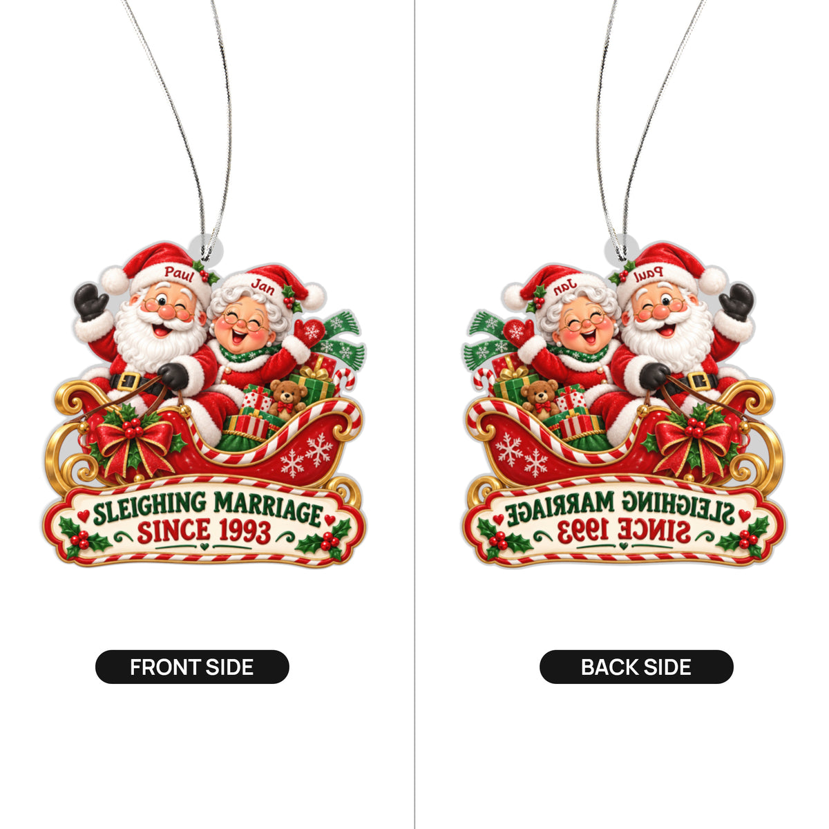 Front and back of the personalized sleighing marriage christmas ornament – santa & mrs. claus