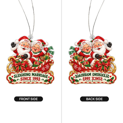 Front and back of the personalized sleighing marriage christmas ornament – santa & mrs. claus