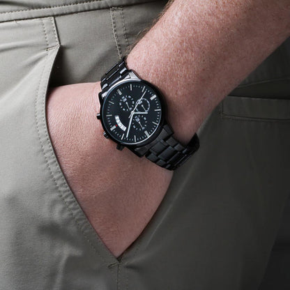 Personalized To the Moon and Back Black Chronograph Watch – Romantic Engraved Gift for Him