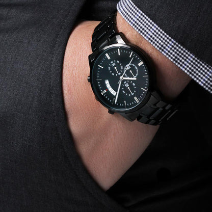 I Love Who We Are Engraved Black Chronograph Watch – Personalized Gift for Him