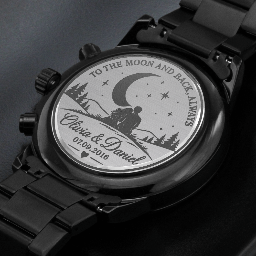 Personalized To the Moon and Back Black Chronograph Watch – Romantic Engraved Gift for Him