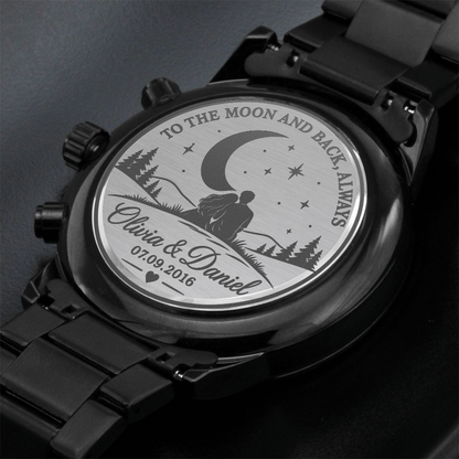 Personalized To the Moon and Back Black Chronograph Watch – Romantic Engraved Gift for Him