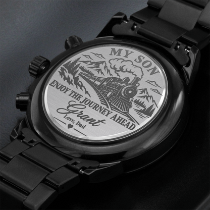 Personalized My Son Enjoy the Journey Ahead Black Chronograph Watch – Engraved Train Gift from Dad