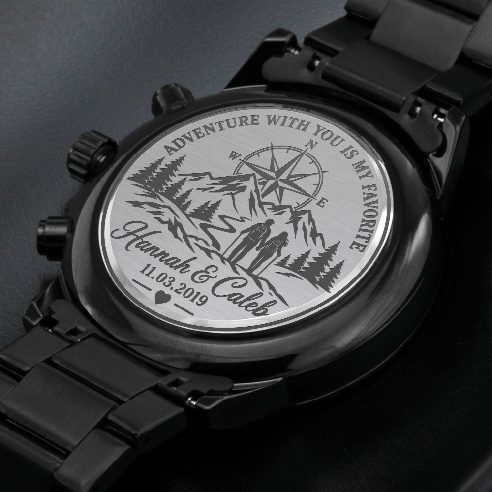 Personalized Adventure With You Black Chronograph Watch – Engraved Anniversary Gift for Him